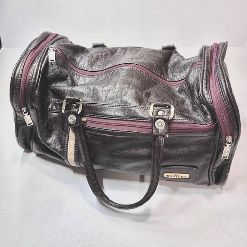 VTG Sir Bentley Leather Duffel Bag Travel Carry On Double Handles Black Red 18” - Picture 1 of 15